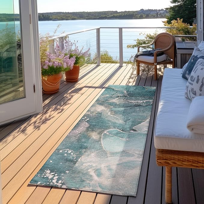 Addison Rugs Chantille ACN518 Teal 2'3" x 7'6" Indoor Outdoor Hallway Runner Rug, Stain Resistant Washable Kitchen Area Carpet for Bathroom, Laundry and Bedroom