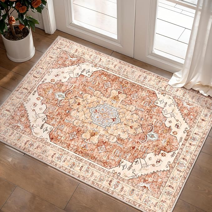 Vintage Rug 2x3 Washable for Entryway, Non Slip Small Area, Indoor Front Door Rug, Print Distressed Brick Red Door Mat Carpet, Soft Low Pile for Entrance Kitchen Bedroom Bathroom