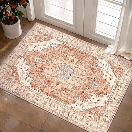 Vintage Rug 2x3 Washable for Entryway, Non Slip Small Area, Indoor Front Door Rug, Print Distressed Brick Red Door Mat Carpet, Soft Low Pile for Entrance Kitchen Bedroom Bathroom