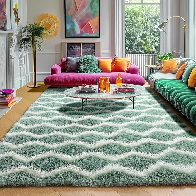 RUGTUDER Soft Shaggy Rugs for Bedroom, Washable 4x6 Fluffy Chevron Rug for Living Room, Non-Slip Plush Floor Striped Rug for Girls Kids Room Teens Dorm Nursery Classroom Playrom, Sage Green and White