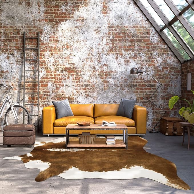 BENRON Premium Cowhide Rug Large, Faux Cow Hide Rugs for Living Room Bedroom Western Home Decor, Non Slip Cute Rug with Irregular Animal Skins and Hides, Khaki Brown, 6.2 x 7ft