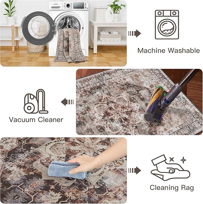 RYB HOME Washable Runner Rug 2x6 for Enterway Hallway, Abstract Distresssed Rug Soft Faux Wool Stain Resistant Non Slip Door Mat Runner for Kitchen Bathroom Laundry, 2x6 ft, Brown