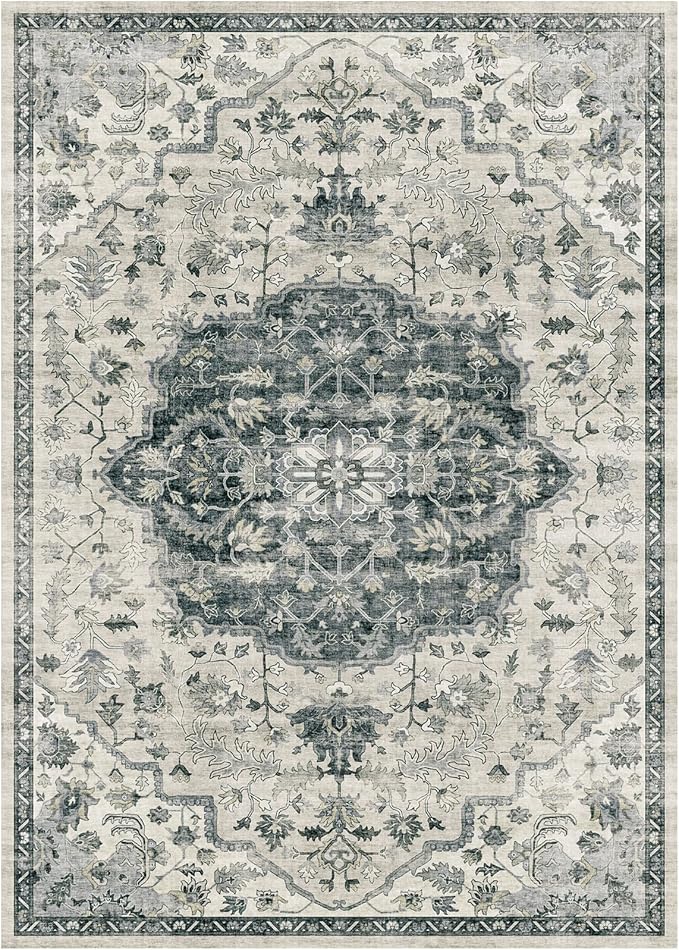Ultra-Thin 3x5 Vintage Area Rug, Small Non-Slip Oriental Medallion Distressed Rug, Non-Shedding Indoor Floor Carpet for Living Laundry Room, Teal Entry Rug