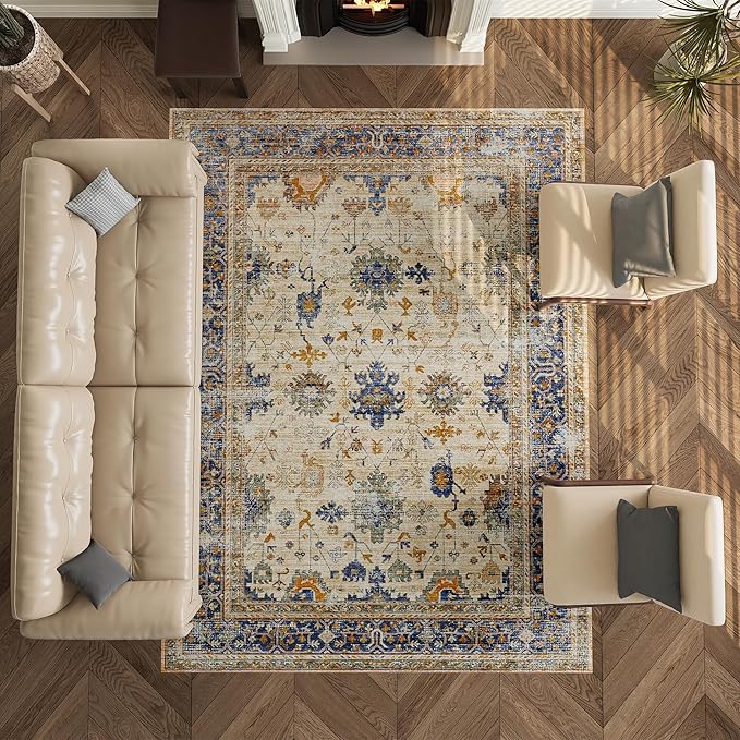 8x10 Rug, Washable Neutral Boho Modern Vintage Non Slip Floral Area Rugs, Low Pile Soft Rugs, Area Rugs, Slip Resistance Carpet, Pet-Friendly Carpet, Durable Rug for Living Room, Bedroom