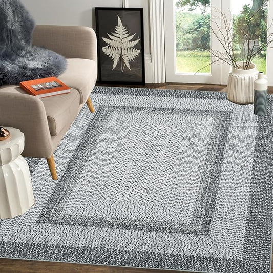 Printed Washable Rugs 3x5 Rug for Living Room Modern Rug Non Slip Entryway Rug Braided Pattern Soft Low Pile Non Shedding Stain Resistant Carpet for Bedroom Office Nursery 3'x5' Grey