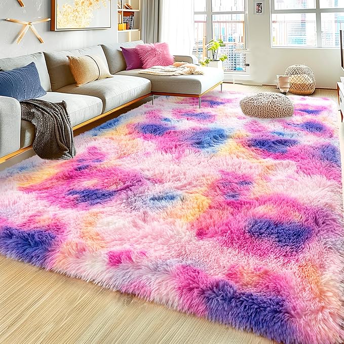 Ultra Fluffy Area Rugs for Living Room Bedroom, 6x9 Fuzzy Large Living Room Rugs, Thick Shag Rug for Dorm, Soft Non Slip Kids Girls Boys Rug for Home Decor Aesthetic, Dark Rainbow