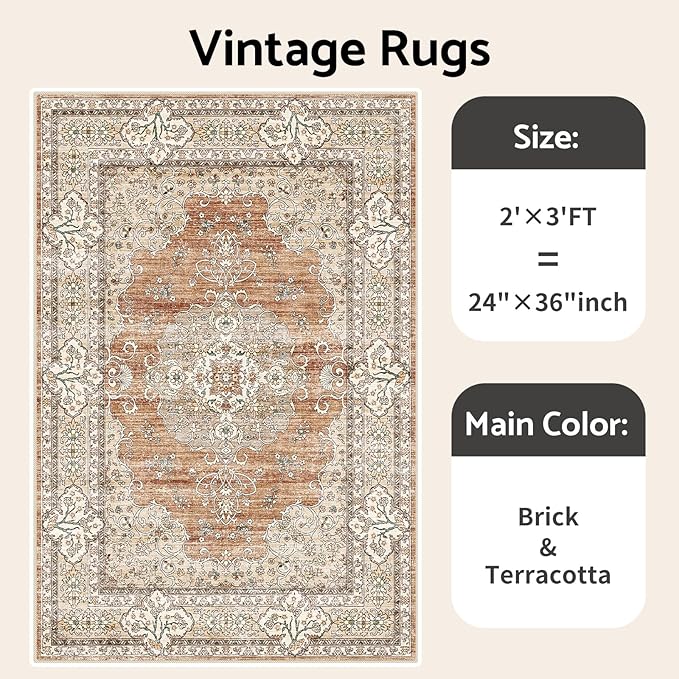 Washable Entryway 2x3 Rug: Small Boho Rugs for Indoor Entrance Non Slip Backing Stain Resistant Carpet Low Pile Throw Rugs for Bedroom Bedside Inside Front Door Floor Kitchen Decor(Brick,2x3FT)