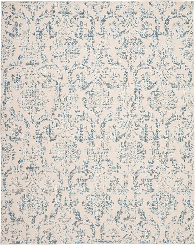 Nourison Jubilant Damask Ivory/Blue 8'6" x 12' Area Rug, Easy Clean, Non Shedding, Bedroom, Living Room, Dining Room, Kitchen