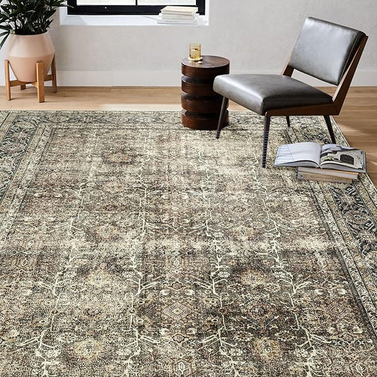 Vintage Area Rug 3x5 Brown Entryway Office Washable Carpet Non Slip Bedroom Indoor Living Room Door Mat Low Pile Traditional Distressed Retro Accent Rug for Dining Room Bathroom Kitchen