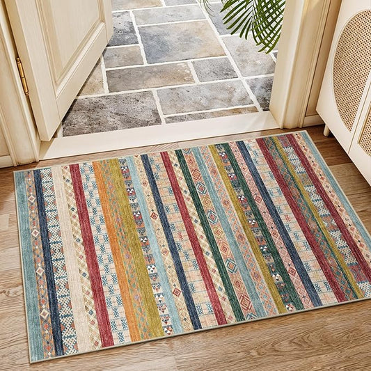 2x3 Washable Moroccan Area Rug: Geometric Boho Area Rugs for Entryway Small Mat for Kitchen with Non-Slip Backing Indoor Bedroom Door Mat Red&Blue Colourful 2'x3'.