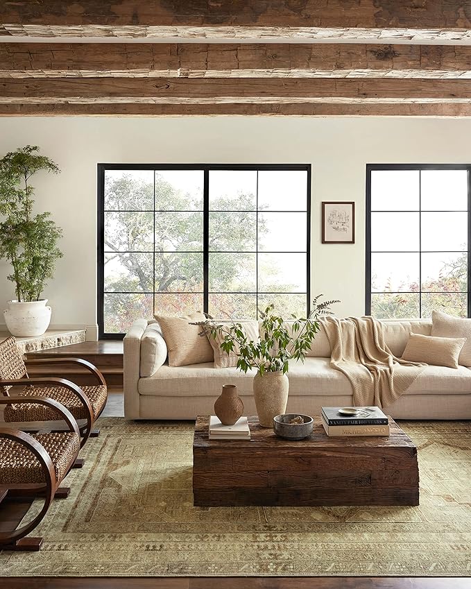 Loloi Magnolia Home by Joanna Gaines Sinclair Collection SIN-02 Khaki/Tobacco 7'-6" x 9'-6", .25" Pile Height, Machine Washable, Area Rug