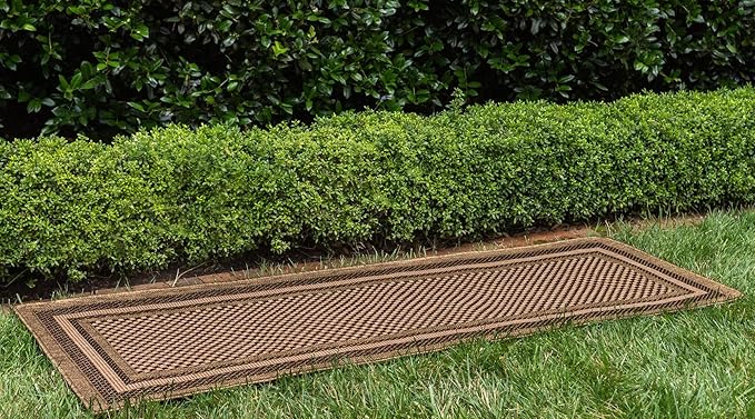 Unique Loom Outdoor Border Collection Area Rug - Multi Border (2' 2" x 6' Runner, Light Brown/ Brown)