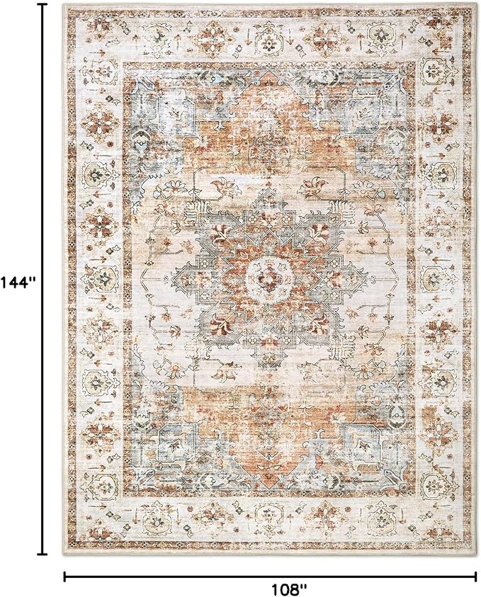 Area Rugs for Living Room 9x12 - Large Machine Washable Vintage Oriental Soft Rug, Low Pile Thin Carpet with Non Slip Backing for Bedroom, Dorm, Under Dining Room Table, Indoor House, Office Decor