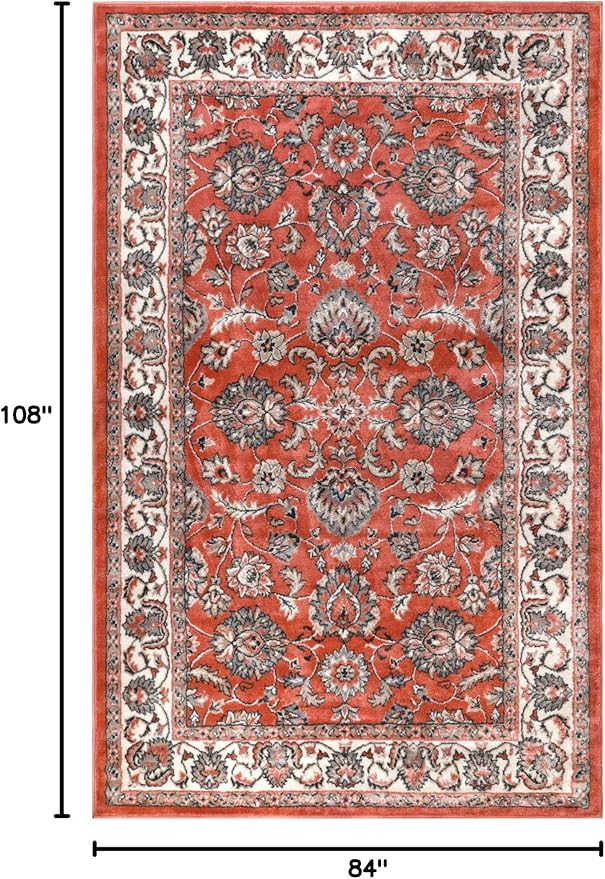 Superior Indoor Area Rug, with Jute Backing, Chic Bordered Floor Decor for Living Room, Bedroom, Office, Entryway, Kitchen, Dining, Floral Design, Lille Collection, 7' x 9', Salmon
