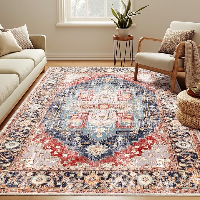 Washable 6x9 Area Rugs, Rugs for Living Room, Low-Pile Water&Stain Resistant Carpet Vintage Distressed Printed Non-Slip Carpet for Bedroom Bathroom Kitchen-Dark Red