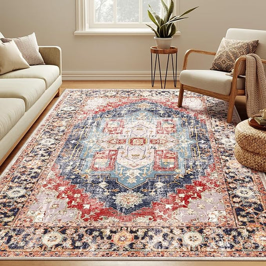 Washable 6x9 Area Rugs, Rugs for Living Room, Low-Pile Water&Stain Resistant Carpet Vintage Distressed Printed Non-Slip Carpet for Bedroom Bathroom Kitchen-Dark Red