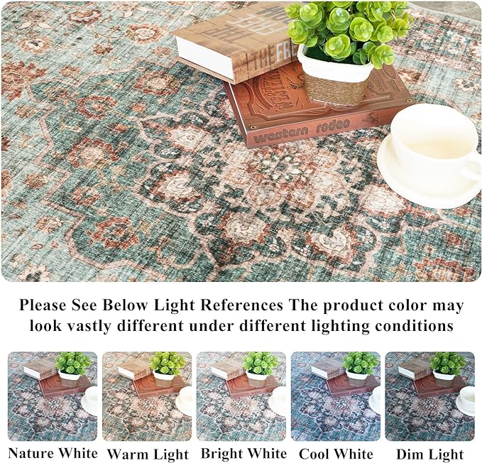 Washable Oriental Area Rug - 8x10 Rugs for Living Room Soft Carpet for Bedroom Waterproof Floral Distressed Indoor Stain Resistant Non-Shedding Floor Carpets (Green, 8x10)