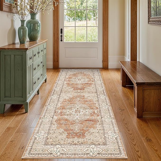 2x5 Runner Rug for Hallway Washable: Non Slip Kitchen Rugs with Rubber Backing Soft Waterproof Mats Stain Resistant Indoor Vintage Carpet Runner for Bedroom Bathroom Laundry Entryway Brick/Terracotta