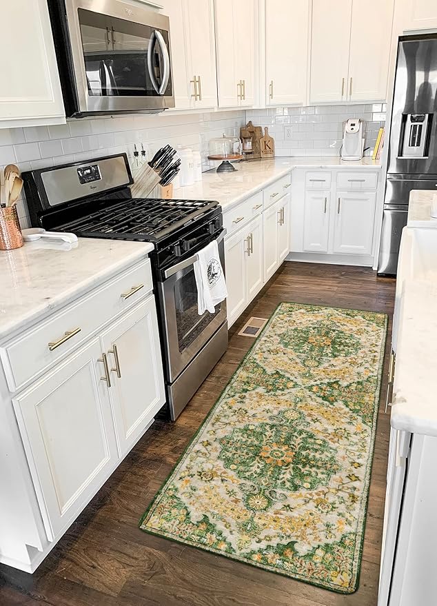 Lahome Bohemian 2x6 Washable Hallway Runner Rug, Kitchen Runner Rugs Non Skid Washable, Floral Medallion Soft Bathroom Carpet Runners for Laundry Room Bedroom Foyer Entryway, Yellow/Green/Multi