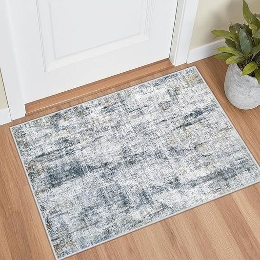 Washable Entryway 2x3 Rugs: Neutral Small Area Rug Abstract Non Slip Modern Indoor Door Mat for Kitchen Bedroom Hallway Office (Multi Blue, 2'x3')