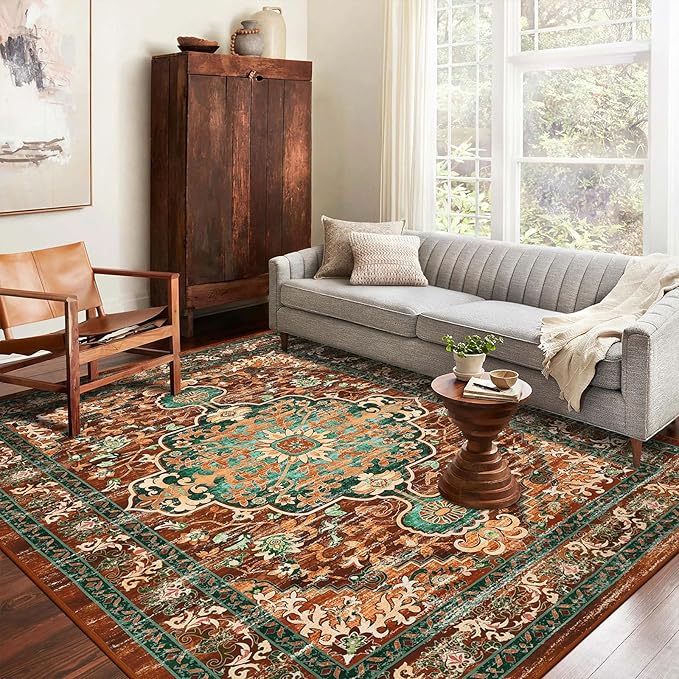 U'Artlines Boho Vintage Area Rug 5x7 Machine Washable Low Pile Ultra-Thin Soft Floor Carpet Non Slip Non Shedding Accent Rug for Living Room Bedroom Entryway Dining Room Office(Rust＆Teal)