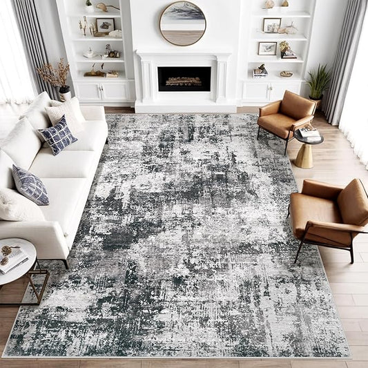 Washable Area Rug 9x12 Living Room Rugs: Abstract Large Rug Neutral Modern Carpet with Non Slip Backing for Bedroom Dining Room Office (Black Grey, 9'x12')