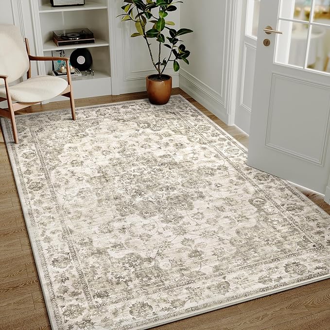 5x7 Washable Neutral Area Rug Taupe Floral Living Room Bedroom Carpet Non-Slip Low Pile Vintage Soft Thin Throw Rug for Dining Room Entryway Dorm Office Kitchen Bathroom