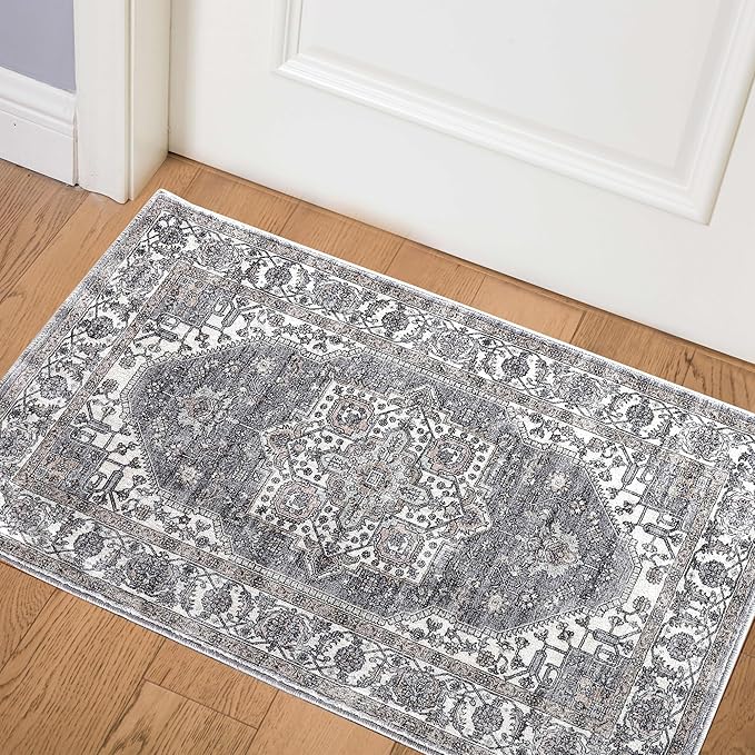 Vintage Area Rug, 2x3 Washable Rugs for Living Room Bedroom Entryway Indoor Door mat, Distressed Boho Country Accent Rugs, Thin Low-Pile Floor Carpet for Kids Pet (Brown)