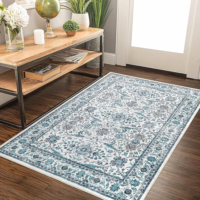 3x5 Area Rugs Washable Boho Rug, Non Slip Carpet for Living Room, Boho Vintage Design Rug, Foldable Soft Low-Pile Rug, Blue/Floral
