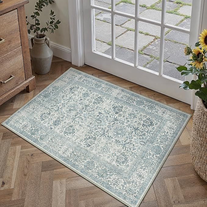 Blue Entryway Rug 2x3 Vintage Area Carpet Indoor Kitchen Washable Door Mat Living Room Entrance Small Low Pile Traditional Distressed Retro Accent Throw Rug Non Slip Office Bathroom