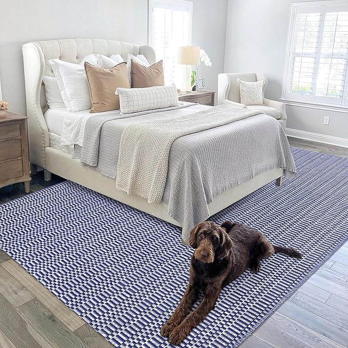 KOZYFLY Washable Area Rug for Living Room 5x7 Ft Bedroom Rug with Runner Backing Thin Navy and White Rugs Cotton Dining Room Rug, Floor Carpet for Living Room Dining Room Bedroom, Navy/White