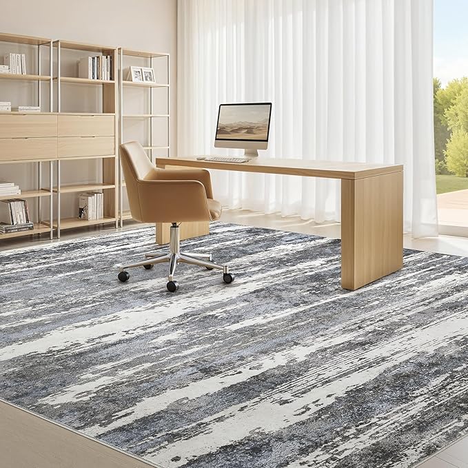 Area Rugs for Living Room: 6x9 Abstract Washable Rug Modern Neutral Large Soft Stain Resistant Non-Slip Backing Machine Table for Bedroom Dining Room Indoor Home Office Carpet - Navy/Grey