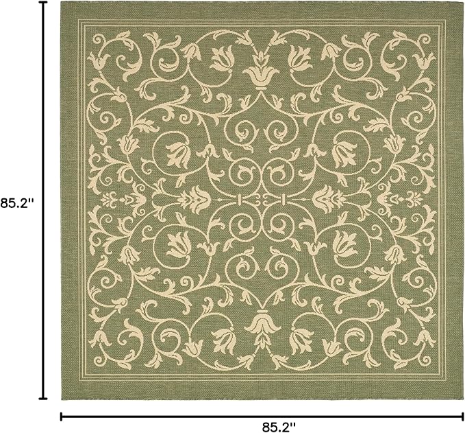 SAFAVIEH Courtyard Collection Area Rug - 7'1 Square, Olive & Natural, Scroll Design, Non-Shedding & Easy Care, Indoor/Outdoor & Washable-Ideal for Patio, Backyard, Mudroom (CY2098-1E06)