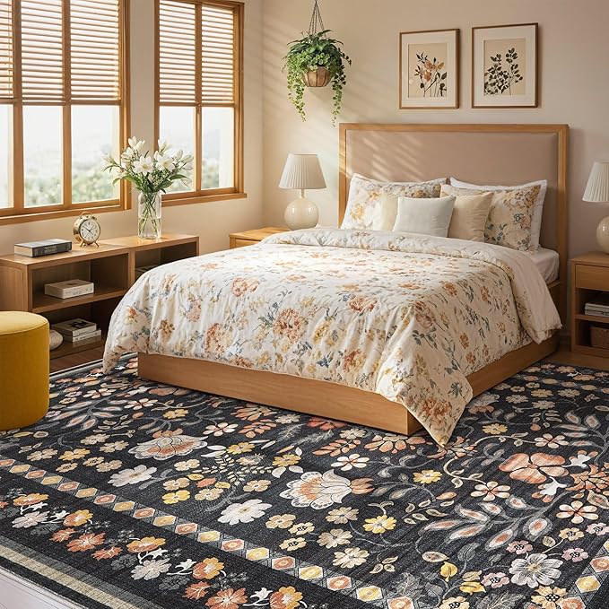10x14 Area Rug Living Room Rugs - Washable Boho Vintage Floral Large Soft Non Slip Thin Rug Low Pile Carpet for Bedroom Dining Room Kids Playroom Office Decor Indoor- Black Grey