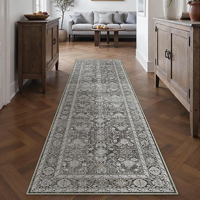 Black Runner Rug 2x8 Vintage Area Carpet Hallway Long Indoor Kitchen Washable Living Room Low Pile Traditional Distressed Retro Accent Throw Rug Non Slip Laundry Bathroom Office Dining Room
