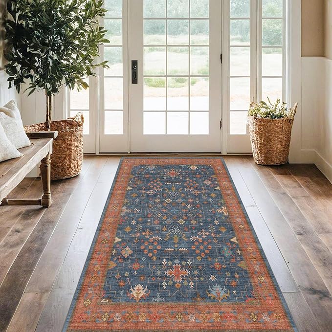 Washable 4x6 Small Rug for Living Room, Area Rug for Kitchen, Bedside, Large Entryway Indoor - Stain Resistant Non Skid Non Slip with Rubber Backing, Boho Aethestic Décor (4x6 Navy Blue)