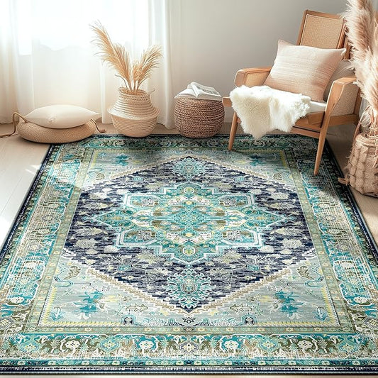 BESTSWEETIE 5x7 Area Rugs for Living Room Washable Non Slip Carpet Low Pile Soft Vintage Print Pattern Rug for Bedroom Dining Room Kitchen Entryway Indoor-Teal/Navy/Green/Yellow