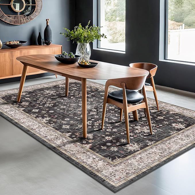 Black Modern Farmhouse 5x8 Area Rug for Living Room, Boho Large Entryway Rug, Dark Floor Carpet for Kitchen Under Small Dining Table, Bedroom - Washable Low Pile Waterproof Non Slip & Stain Resistance
