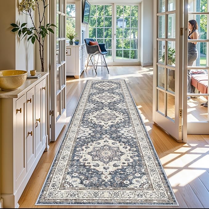 Washable 3x12 Hallway Runner Rug: Oriental Non-Slip Rugs for Entryway Living Room Floral Stain Resistant Long Kitchen Bathroom Carpets Accent Low Pile Floor Mat for Dining Room Bedroom (3x12,Blue)