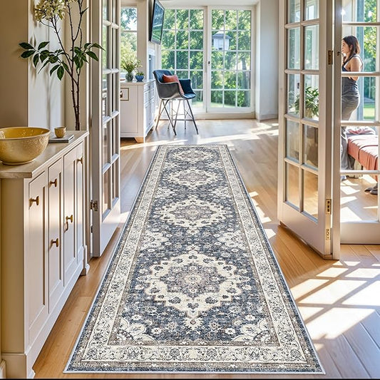 Washable 3x12 Hallway Runner Rug: Oriental Non-Slip Rugs for Entryway Living Room Floral Stain Resistant Long Kitchen Bathroom Carpets Accent Low Pile Floor Mat for Dining Room Bedroom (3x12,Blue)