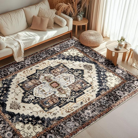Washable 6x9 Area Rugs, Rugs for Living Room, Low-Pile Water&Stain Resistant Carpet Vintage Distressed Printed Non-Slip Carpet for Bedroom Bathroom Kitchen-Light Yellow/Choco/Brown/Navy Blue