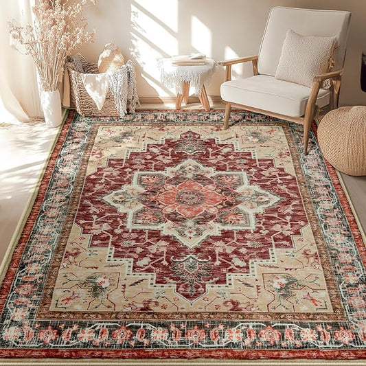 BESTSWEETIE 5x7 Area Rugs for Living Room, Washable Ultra Soft Boho Vintage Print Pattern Rug Non Slip Low Pile Carpet for Dining Room Bedroom Entryway Indoor-Wine/Natural/Red/Black