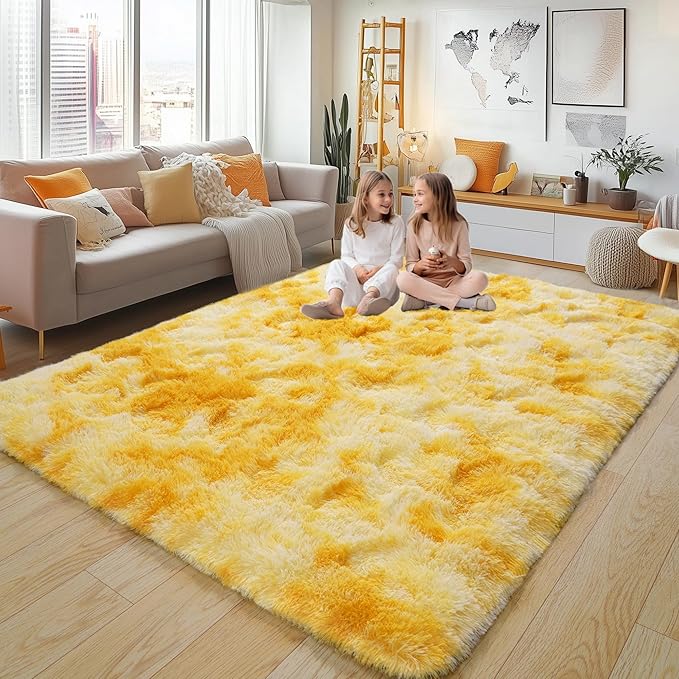 6x9 Fluffy Fuzzy Area Rug for Living Room Bedroom, Ultra Soft Large Living Room Rugs, Non Slip Thick Shag Rug for Dorm, Kids Girls Boys Rug for Home Decor Aesthetic, Tie-Dyed Yellow