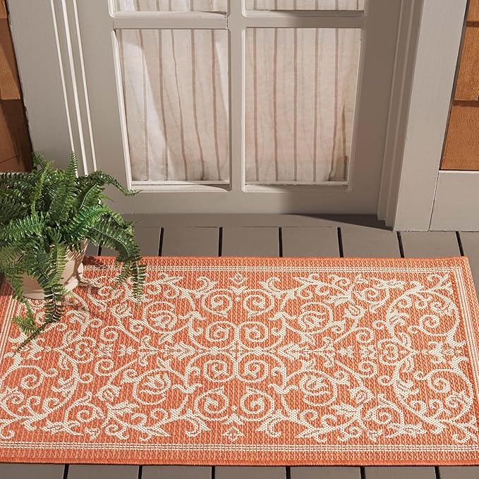 SAFAVIEH Courtyard Collection Accent Rug - 2'7" x 5', Terracotta & Natural Indoor/Outdoor & Washable, Ideal for High Traffic Areas in Patio, Backyard, Mudroom, Entryway, Doormat (CY2098-3202-3)