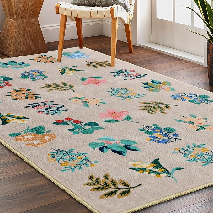 2x3 Floral Rug Soft Non-Slip Machine Washable Small Throw Rug for Entryway Kitchen Bedroom Entrance Indoor Door Mat, Beige Flower Accent Carpet for Girls Room