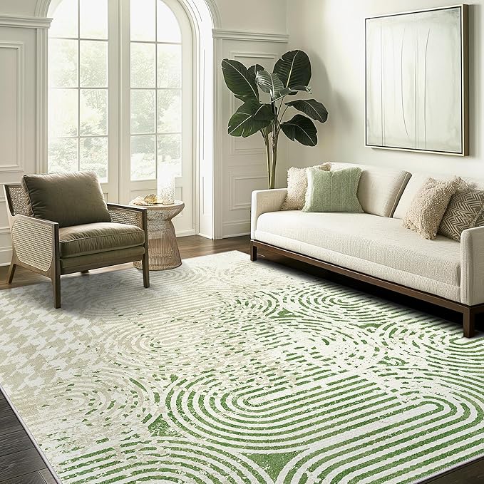 Bavni Area Rug 6X9, Washable Rug for Office, Durable Non Shedding Rugs for Living Room Dining Room, Stain Resistant Aesthetic Modern Bedroom Rug (Beige Green)