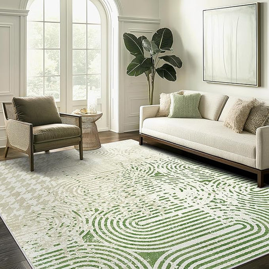 Bavni Area Rug, Durable Non Shedding 8x10 Rug, Stain Resistant Non Slip Rugs for Bedroom, Aesthetic Modern Abstract Rugs for Living Room Dining Room, Ultra Thin Washable Rug (Beige Green)