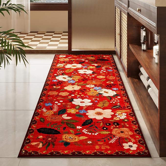 Runners for Hallways Kitchen Runner Rug Non Slip 2'x 10' Long Washable Rugs with Rubber Backing Soft Floral Carpet Runner for Hallways, Kitchen, Laundry, Bedroom, Bathroom(Red)