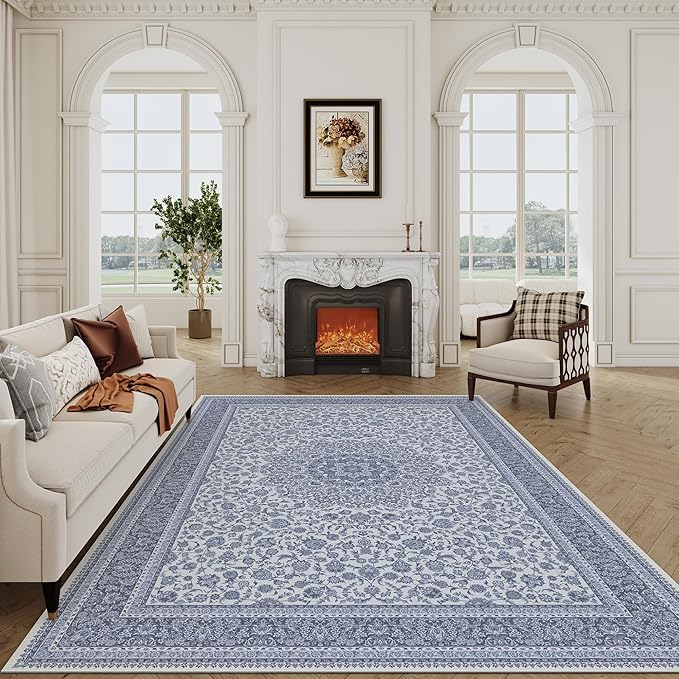 Floral Washable Area Rug 6x9, Spill-Proof Surface, Non-Slip Backing, Cozy Soft Faux Wool, Printed Rug for Living Room, Bedroom, Dining Room Nursery- Ieve