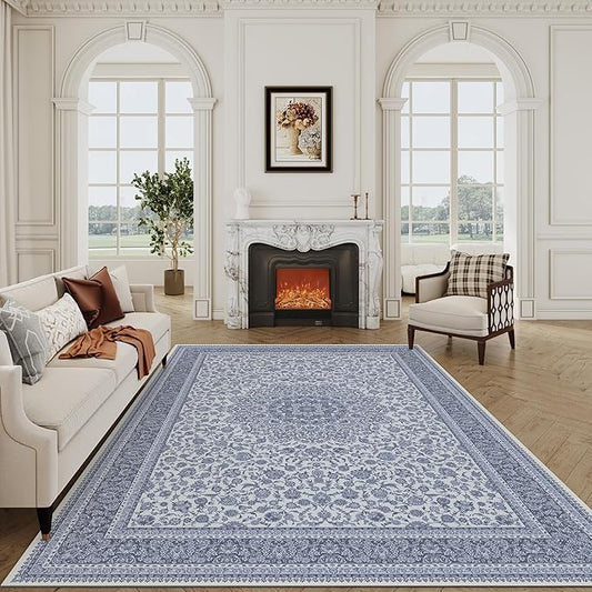 Floral Washable Area Rug 8x10, Spill-Proof Surface, Non-Slip Backing, Cozy Soft Faux Wool, Printed Rug for Living Room, Bedroom, Dining Room, Nursery - Ieve